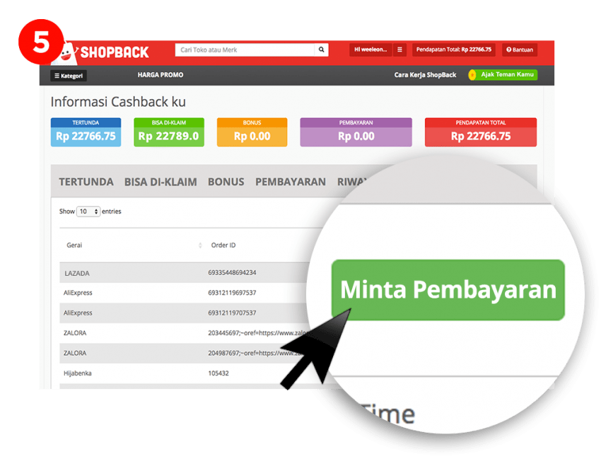 Cara Menarik bonus shopback