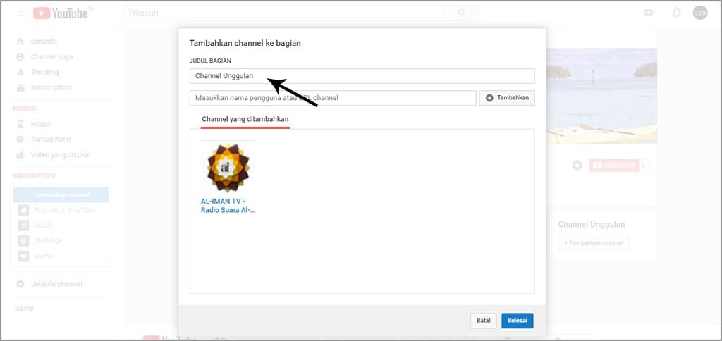 fitur channel unggulan youtube