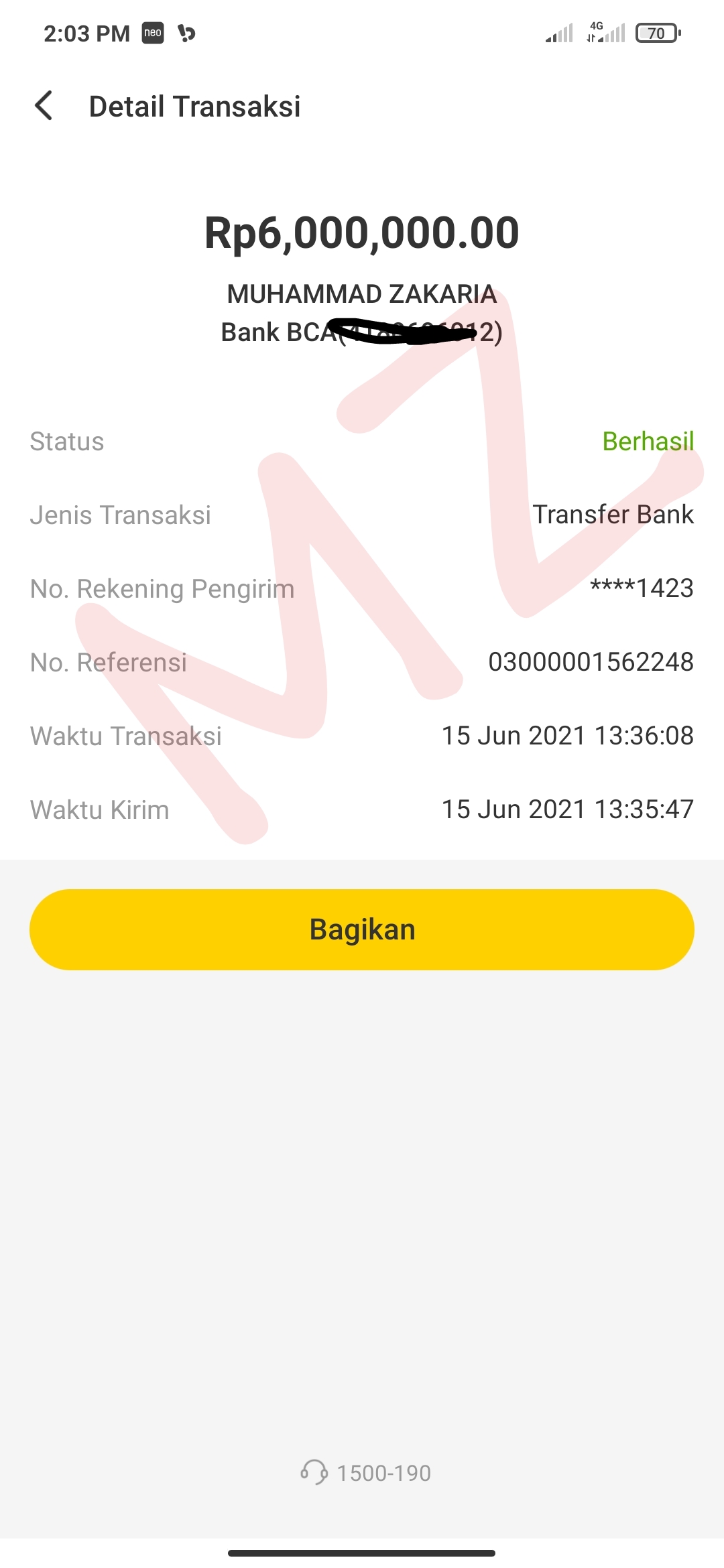 Bukti Pembayaran Uang 6 Juta dari Aplikasi Bank Neo